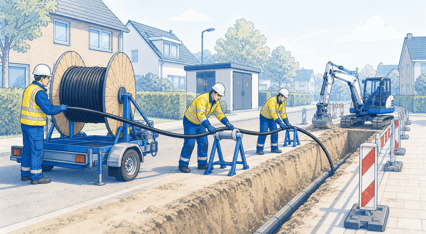 Sectorhub-lijnillustratie van een ploeg die een elektriciteitskabel aanlegt.