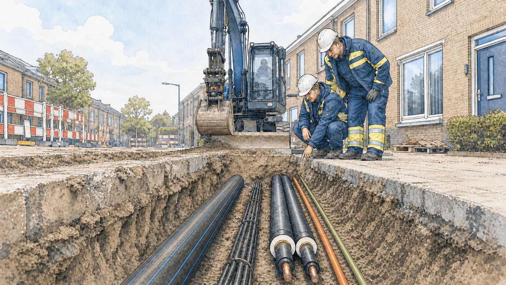 Geïllustreerde sleuf met drinkwater, elektriciteit, warmte en telecom.