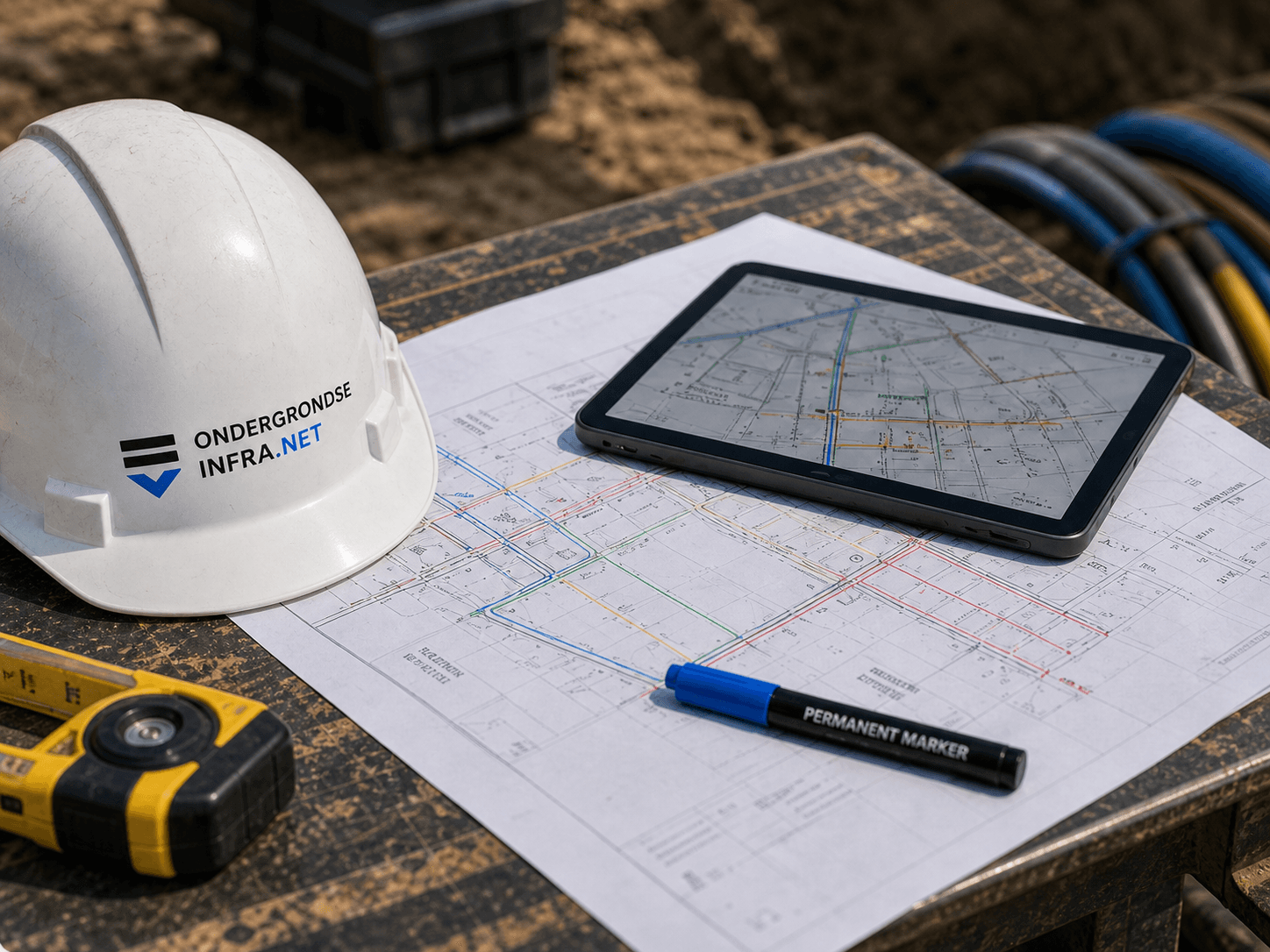 Contactmiddelen en werktekening op tafel