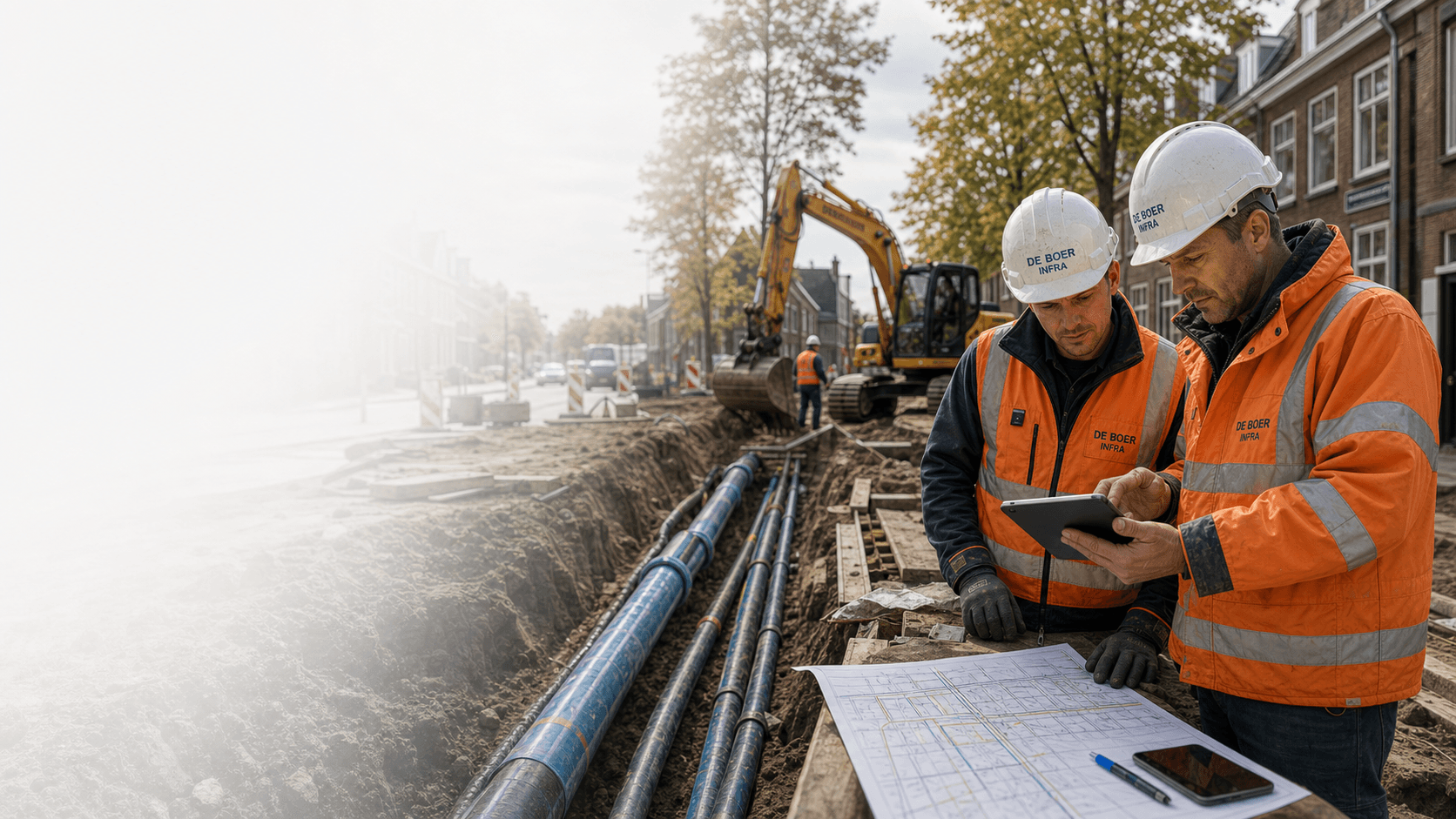 Vakmensen bekijken een tablet naast een sleuf met kabels en leidingen