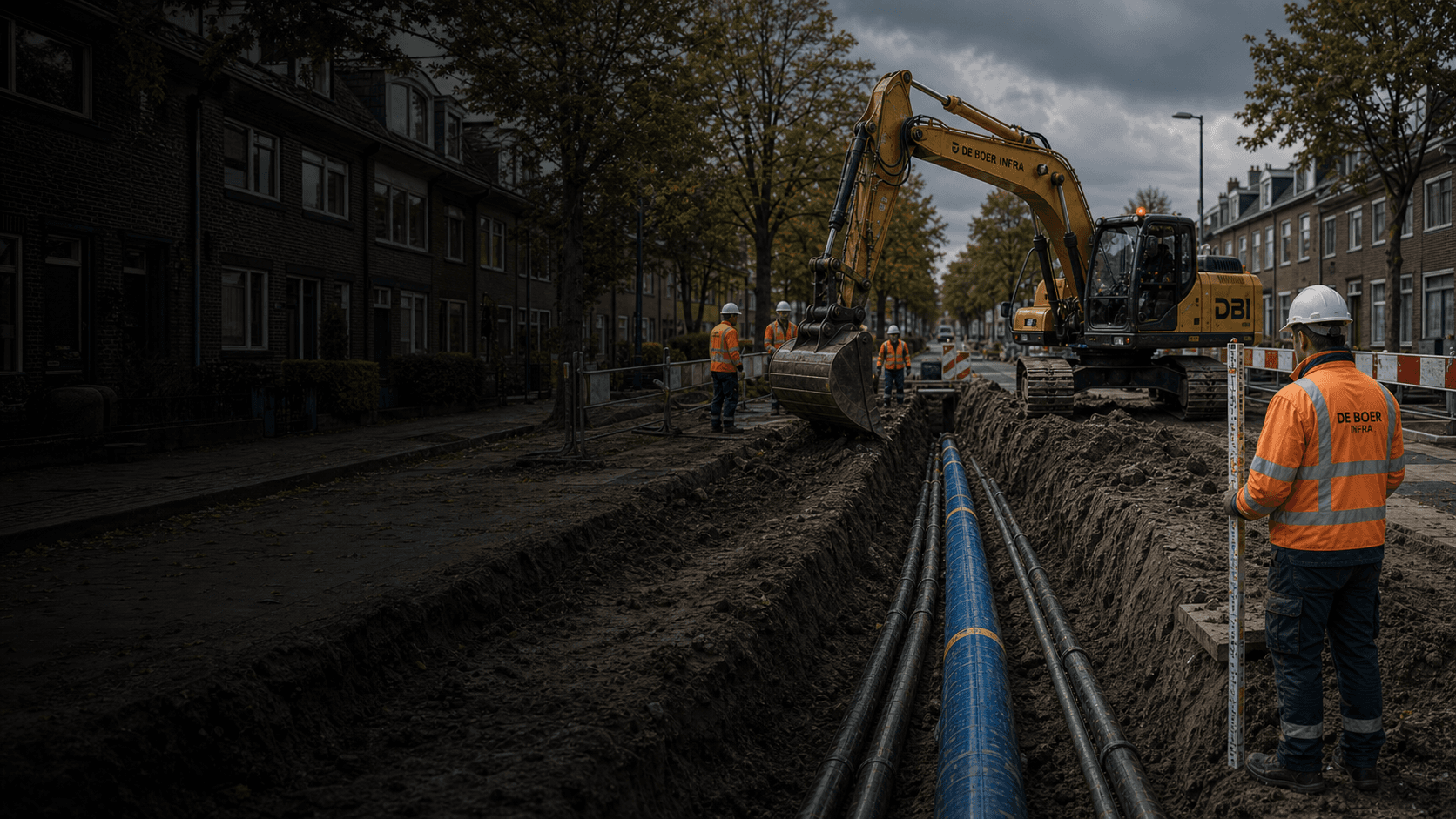 Werkplaats met graafmachine, sleuf en leidingen in een woonstraat