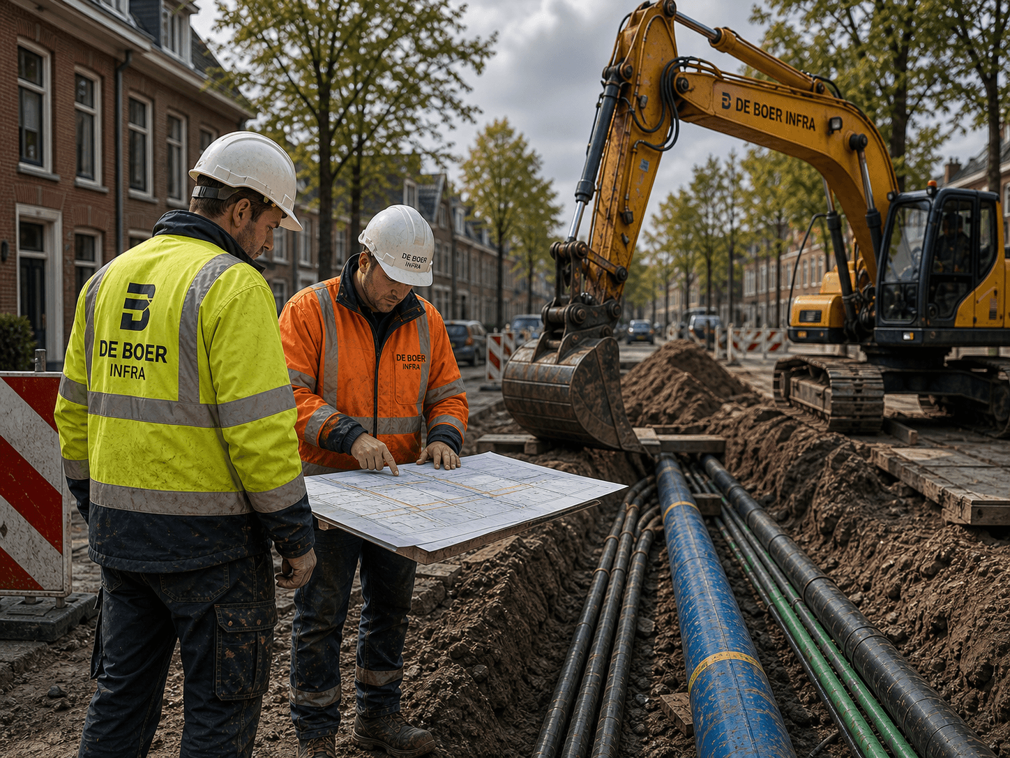 Vakmensen bekijken kabelplannen op een ondergrondse infra werkplaats
