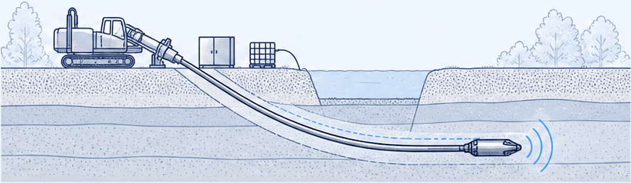 Doorsnede van een horizontaal gestuurde boring onder een watergang