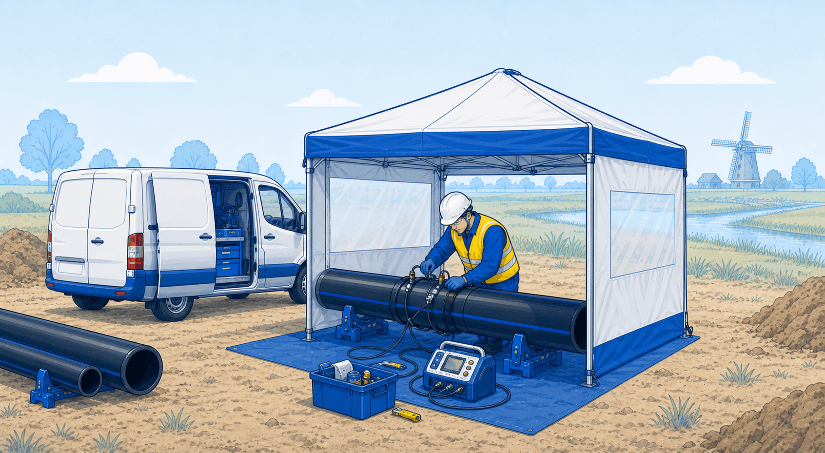Vakmens maakt beschut naast een servicebus een PE-verbinding op locatie