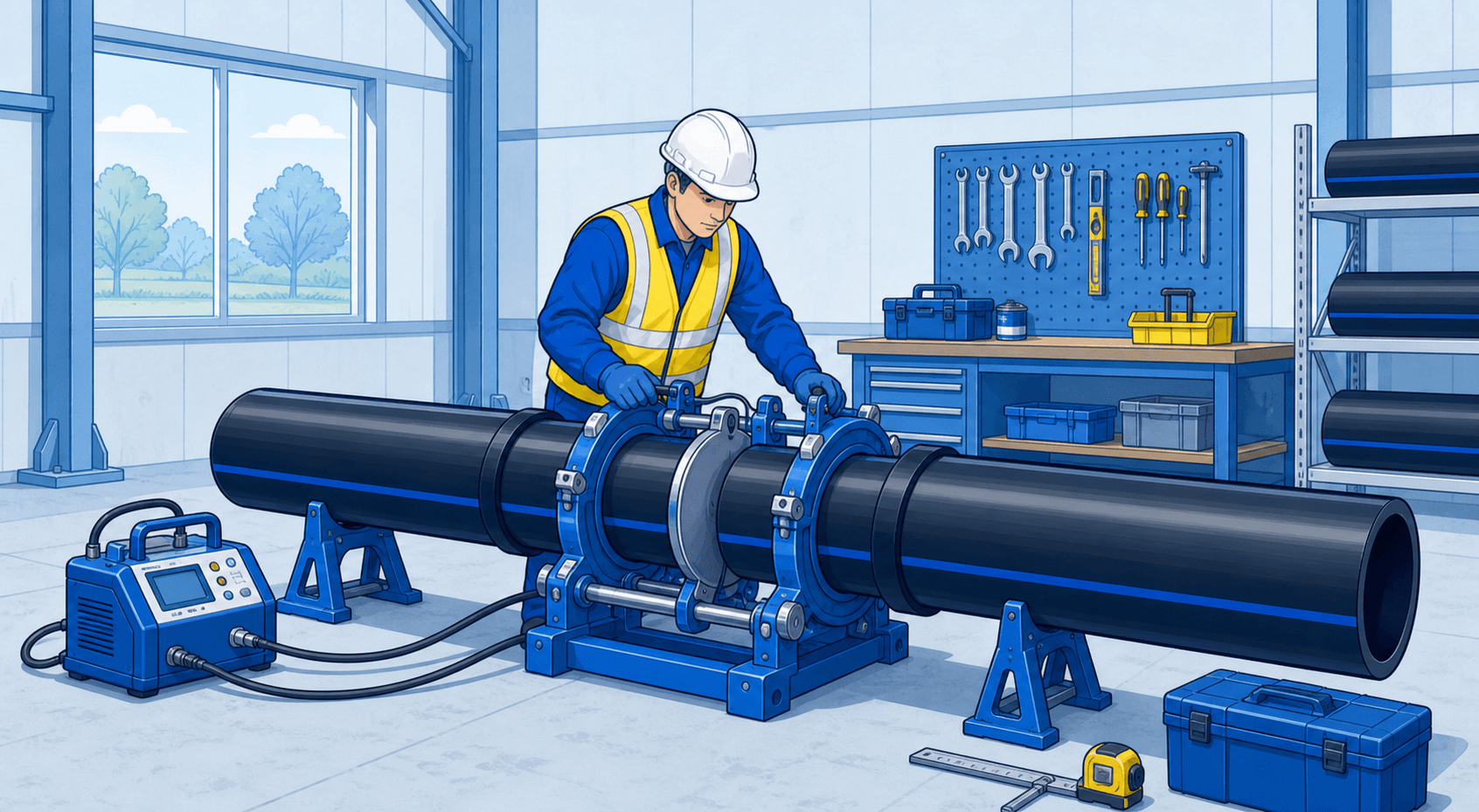 Vakmens maakt PE-leidingdelen vooraf op maat met een spiegellasmachine in de werkplaats