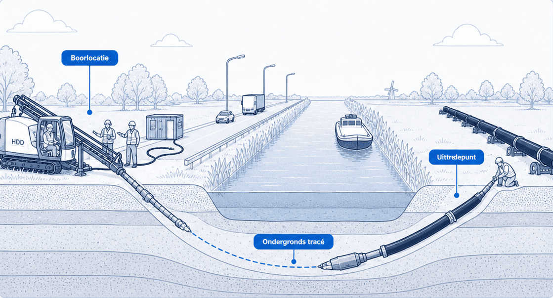 Boorlocatie en uittredepunt rond een watergang, verbonden door een ondergronds boortracé