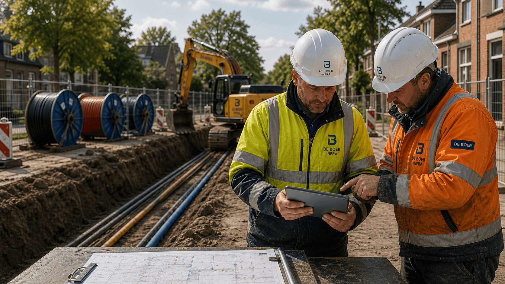 Werkoverleg op een ondergrondse infra bouwplaats