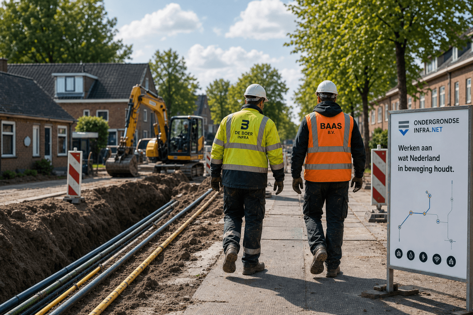 Werkstraat met monteurs en informatiebord