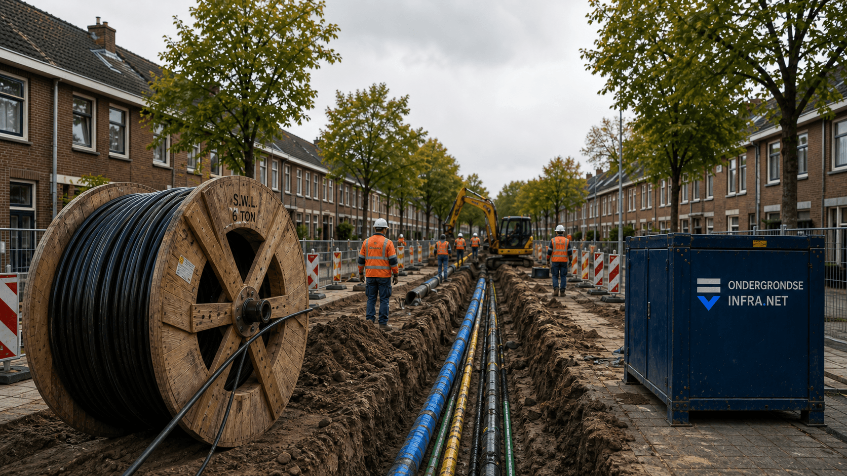 Infra werkstraat met haspel, monteurs en container