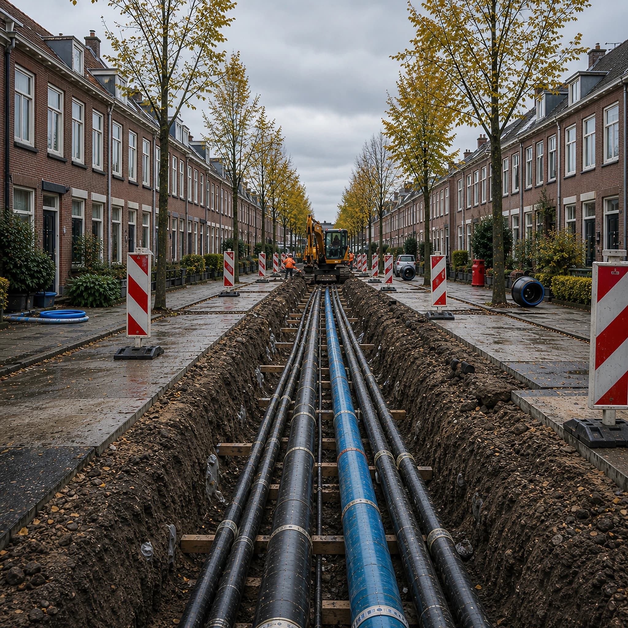 Werkstraat voor ondergrondse infrastructuur in een woonwijk