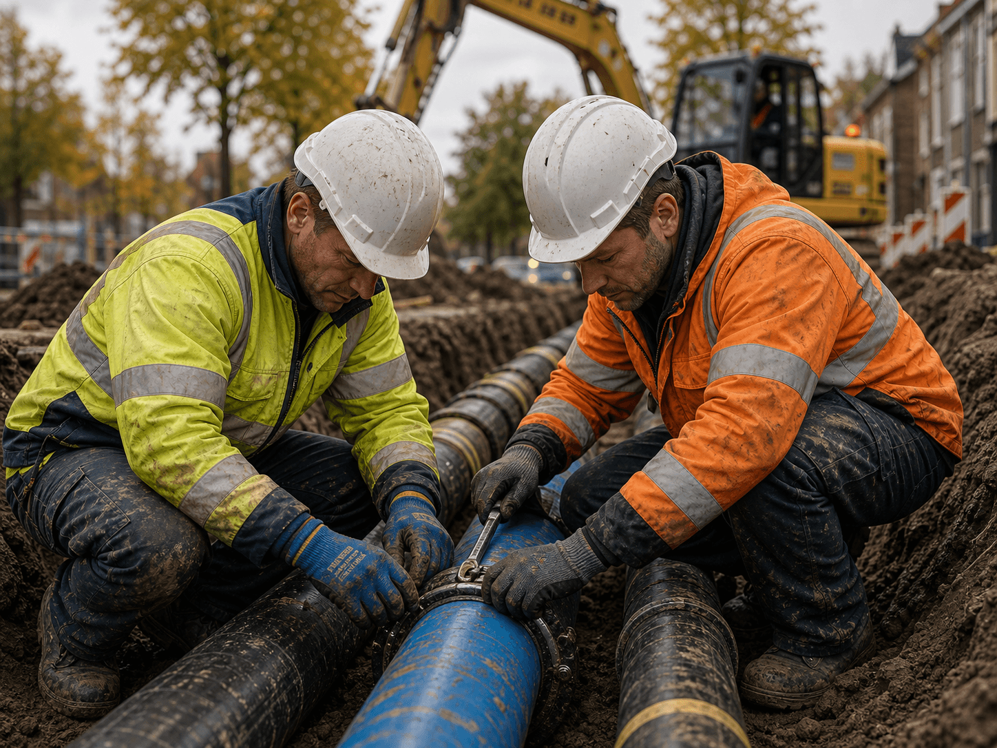 Monteur werkt aan een blauwe leiding in een open sleuf