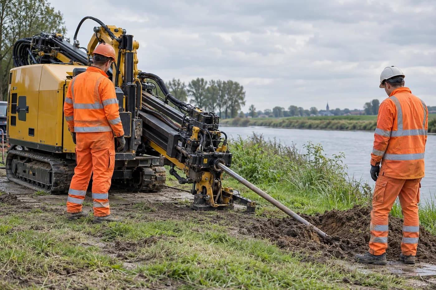 Boorploeg bij een horizontale boorinstallatie