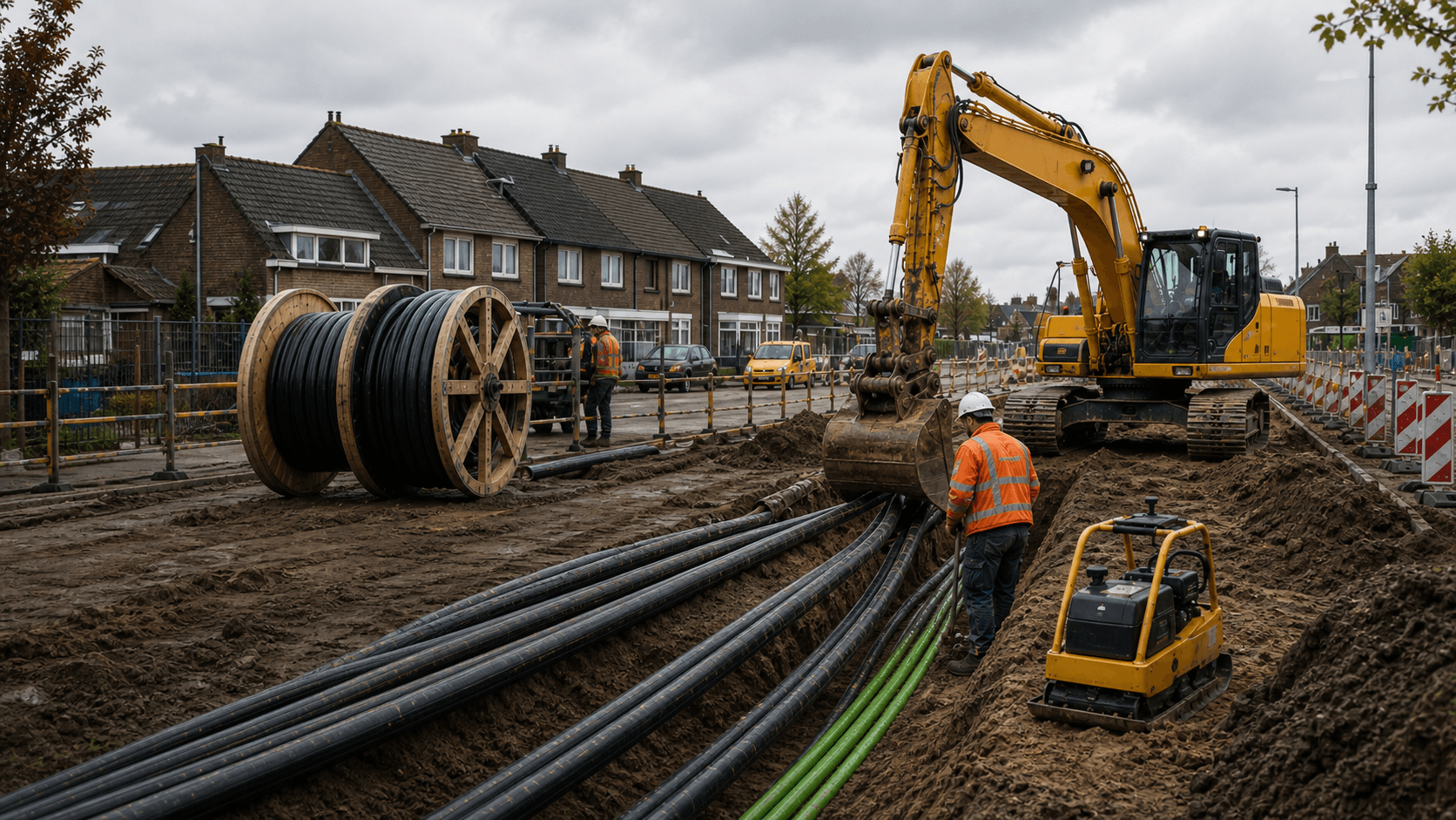 Werkvak met kabelhaspels, leidingen en graafmachine als vervolgstap in de sector