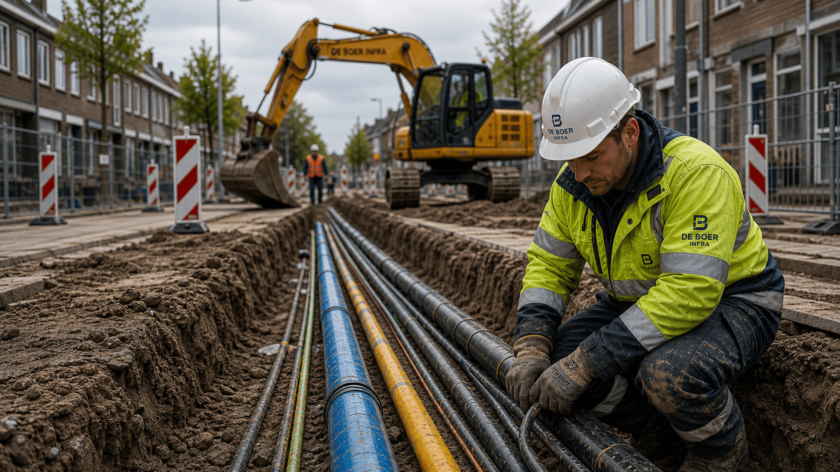 Monteur werkt aan leidingen in een open straat